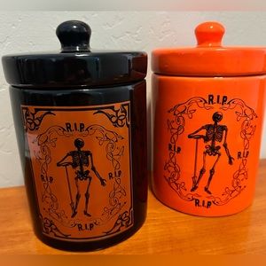 Home Decor Halloween Skeleton RIP Orange & Black Ceramic Canisters Container SEE